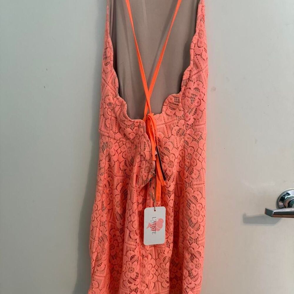 L'ATISTE Neon Coral Lace Mini Dress Size M